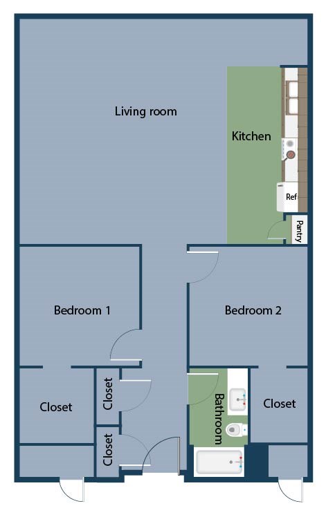 A diagram of a living room with a kitchen and two bedrooms.